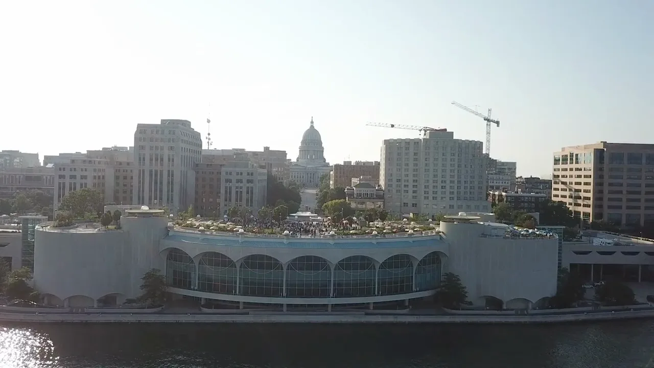 Drone view of the Wisconsin State Capitol and downtown Madison